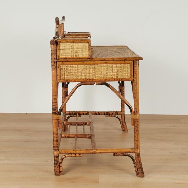 Vintage British Colonial Style Faux Burnt Bamboo and Grasscloth Pagoda Desk For Sale - Image 14 of 16
