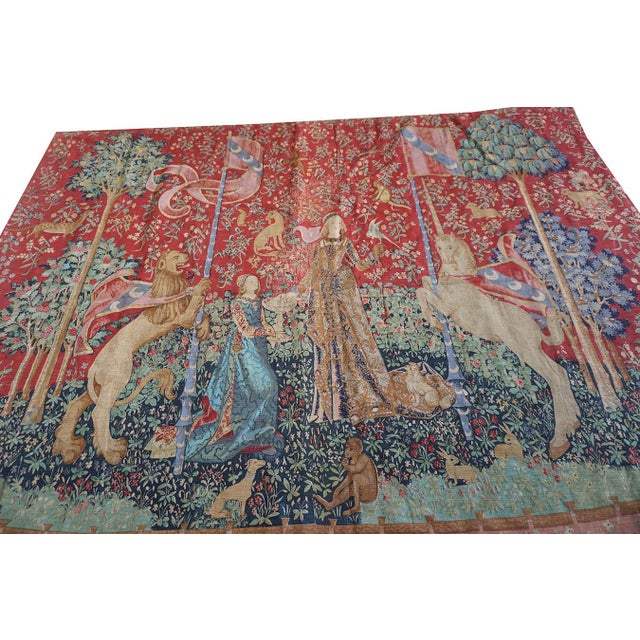 1875s Antique Red Tapestry Scene Pictorial Medieval Romance European Flat Weave For Sale - Image 12 of 13