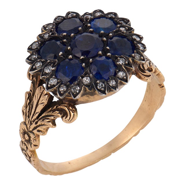 Late 19th Century Victorian Sapphire Diamond 10k Yellow Gold and Silver Cluster Ring, Size 8.25 For Sale