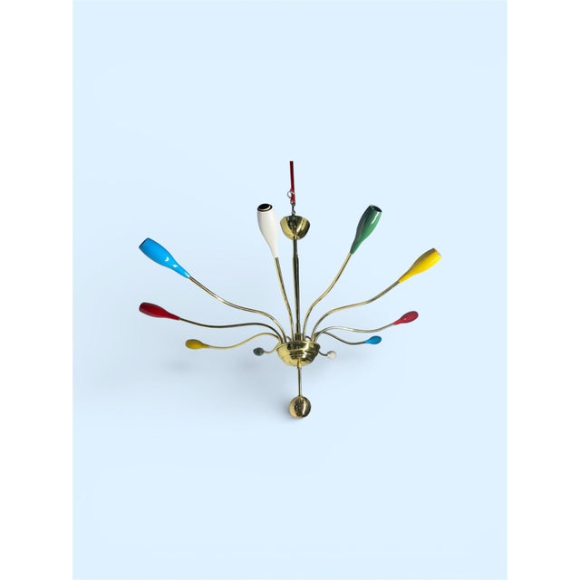 Stilnovo Vintage Attributed to Stilnovo Italian Brass Chandelier 10 Arms For Sale - Image 4 of 7
