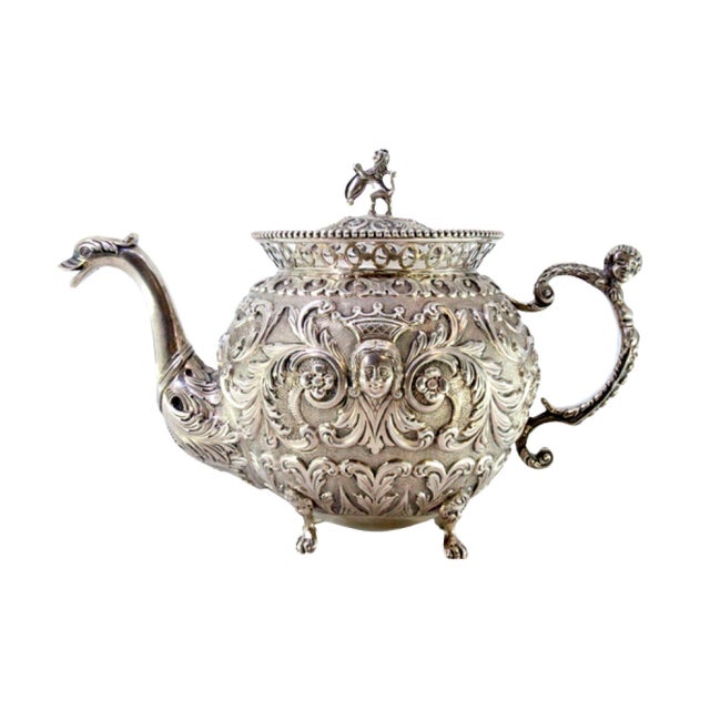 Coffee Pot in Silver Relief with Female and Elf Faces, Lid with Lion-Shaped Handle and Claw-Shaped Feet For Sale - Image 10 of 10
