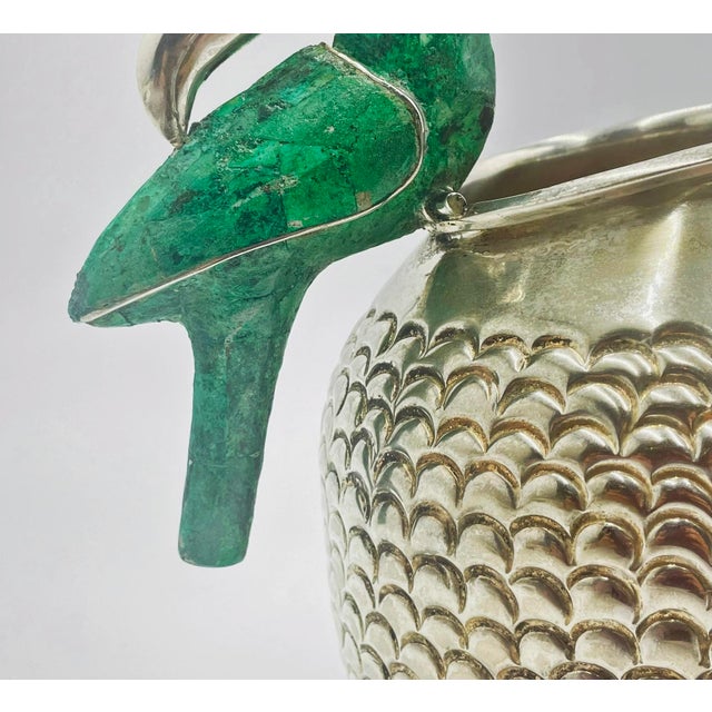 1960s Los Fajardo Taxco Toucan Pitcher Malachite Silver Plate For Sale - Image 16 of 18