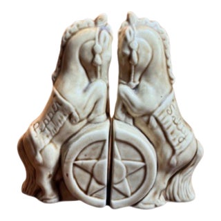 Vintage Tan Ceramic Horse Salt & Pepper Shakers With Wagon Wheel Motif – a Pair For Sale