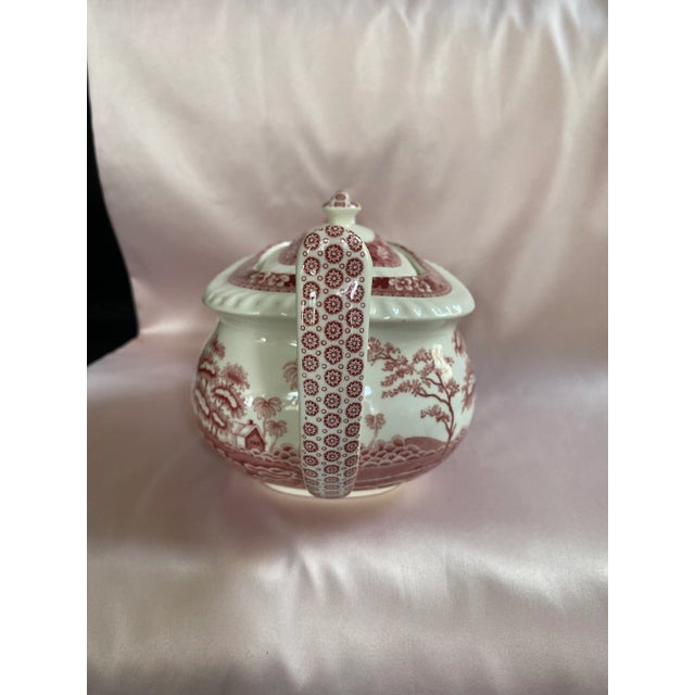 Spode Rare Find; Spode “Pink Tower” Design; English Transferware Tea Pot.Charming; Unique Handle Loop-Single Rest & Loop-Kick Shapes. For Sale - Image 4 of 11