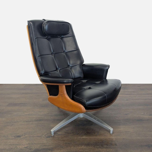 1990s Vintage Heywood-Wakefield Mid Century Modern Black Leather Lounge Chair & Ottoman For Sale - Image 5 of 18