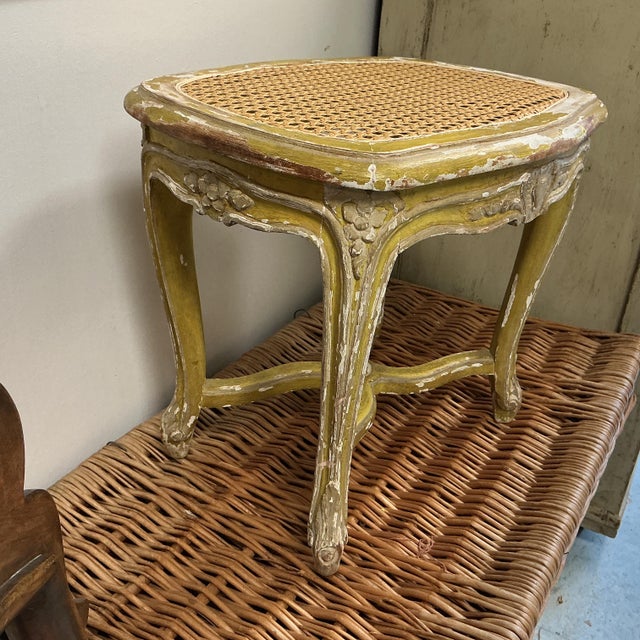 Vintage French Carved Wood Footstool Caning Replaced Chippy Original Finish Beige Yellow For Sale - Image 9 of 11