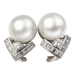 18k White Gold South Sea Pearl Diamond Earrings, A Pair For Sale