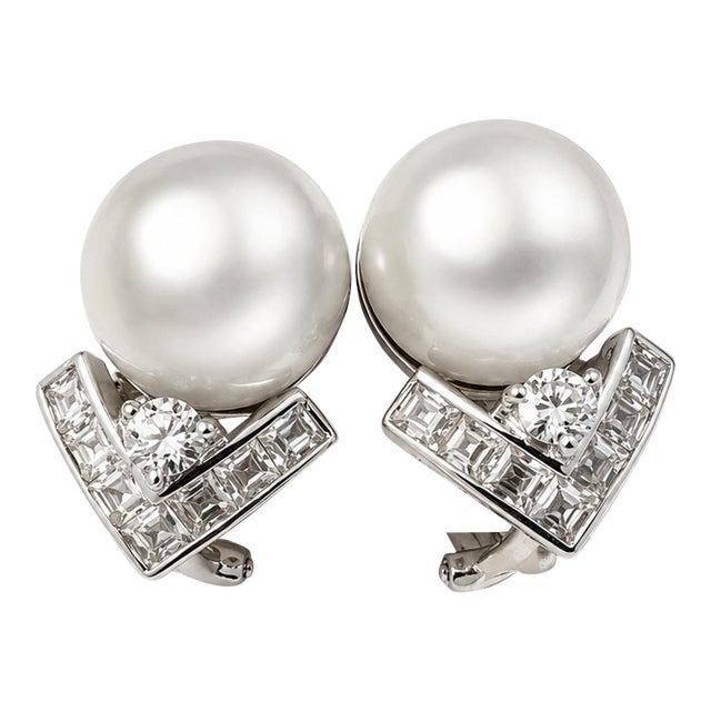 18k White Gold South Sea Pearl Diamond Earrings, A Pair For Sale