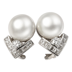 18k White Gold South Sea Pearl Diamond Earrings, A Pair