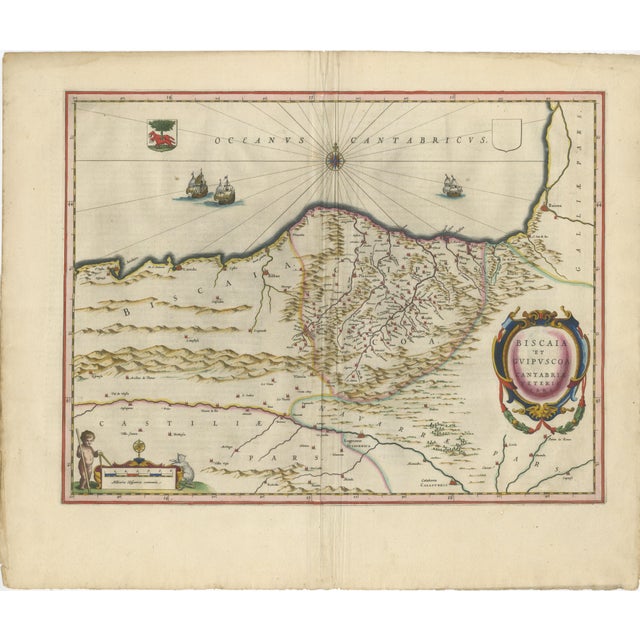 Blaeu Biscay Map, Basque Country Bilbao Cantabria Spain, c.1642 : A finely engraved and highly decorative map of northern...