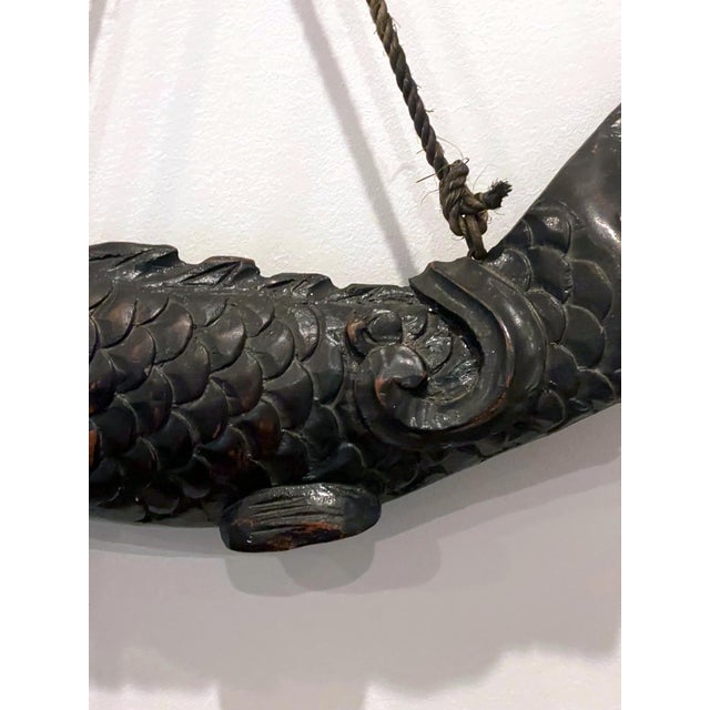 Black Near Pair of Japanese Jizai Kagi Wood Koi Folk Art Sculptures For Sale - Image 8 of 14