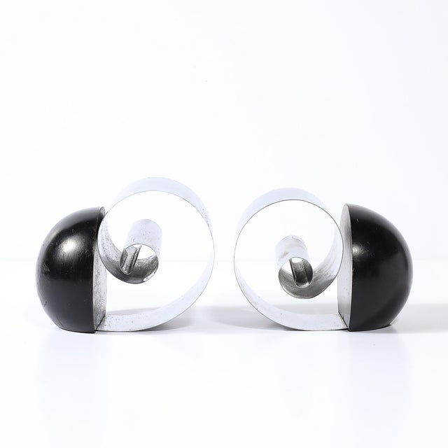 Art Deco Art Deco Machine Age Spring Steel & Black Enamel Spherical Bookends by Revere For Sale - Image 3 of 14