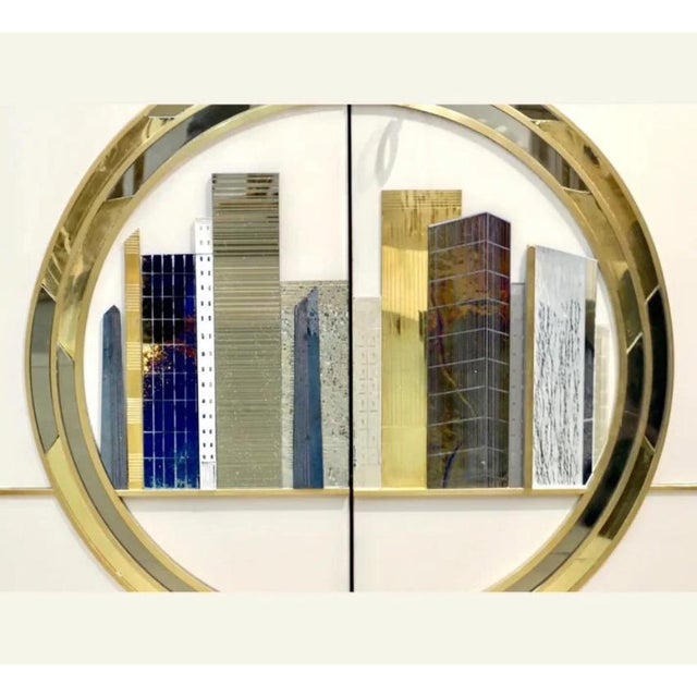 Late 20th Century Italian Art Deco Style Cabinet / Server With New York Skyline Glass Decoration For Sale - Image 5 of 10