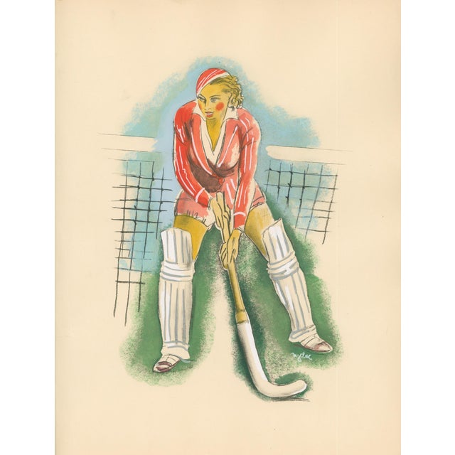 Original 1932 Art Deco sporting print by Milivoj Uzelac depicting a female field hockey player poised with her stick in...