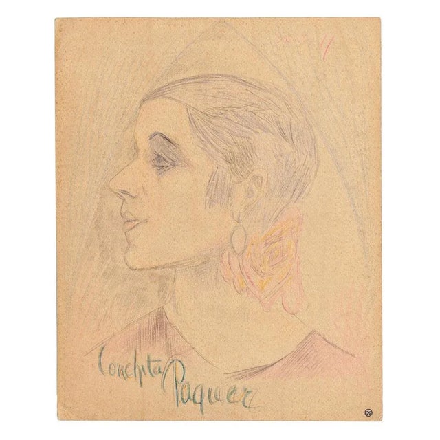 Portrait is an original pencil, pastel and watercolor drawing on creamy cardboard, realized in 1927 by Maurice Lourday...