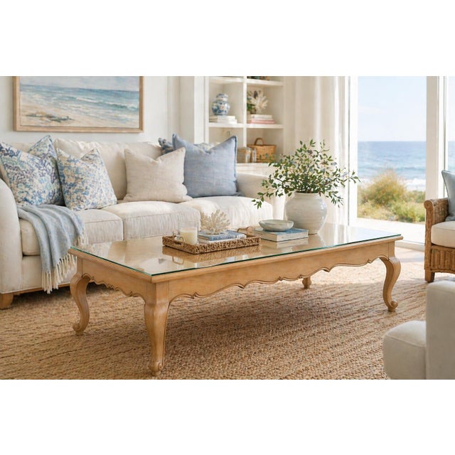 Mid 20th Century Extra Large French Provincial Solid Wood Coffee Table — 76” Blonde Wood Cocktail Table With Cabriole Legs For Sale - Image 4 of 12