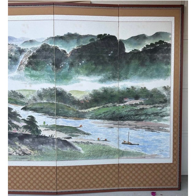 Mid 20th Century Monumental Chinese 6 Panel Hand-Painted Landscape Screen W/ Cranes & Calligraphy For Sale In San Diego - Image 6 of 18