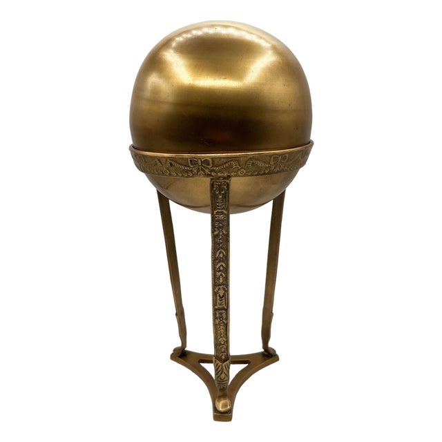 1950s Art Nouveau Style Brass Orb With Embossed Pedistal Desktop Sculpture For Sale