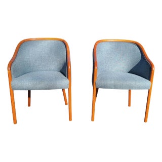 1970s Pair of Ward Bennett for Brickel Associates Banker Blue Arm Chairs W/Bentwood Frames For Sale