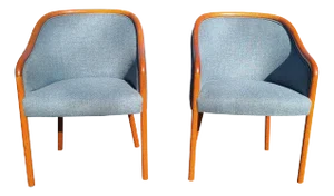 1970s Pair of Ward Bennett for Brickel Associates Banker Blue Arm Chairs W/Bentwood Frames