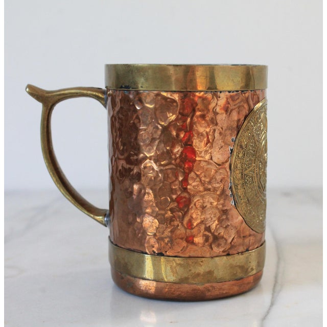 Vintage Copper and Brass Mug Featuring an Aztec Calendar Design Medallion For Sale - Image 4 of 8