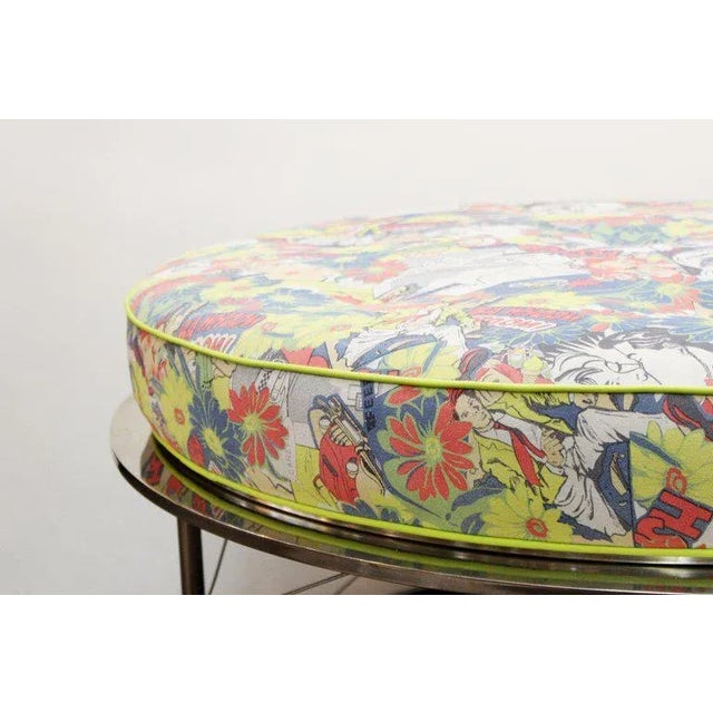 Mid Century Vintage Chrome Frame Ottoman With Pop Art Embossed Leather Upholstery For Sale In Philadelphia - Image 6 of 10