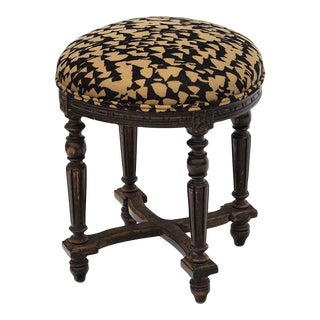 Small Round Carved Stool or Ottoman, Newly Reupholstered For Sale