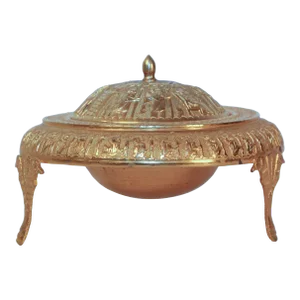 Vintage Gold Tone Islamic Moorish Roll Top Caviar Footed Dish Server 1960s