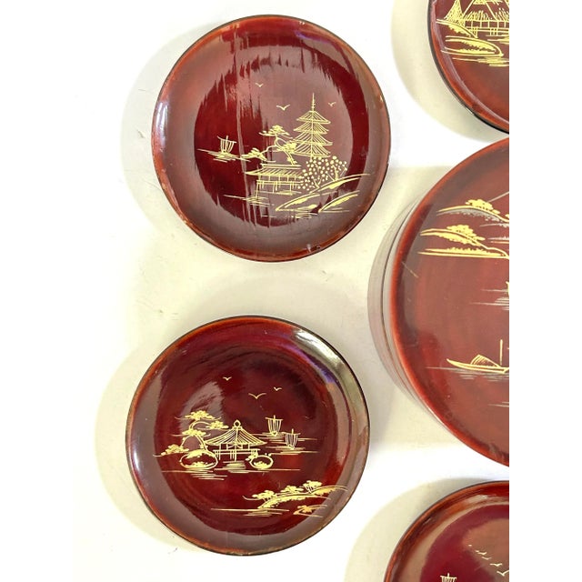 1950s Chinoiserie Lacquer Coaster Set - Vintage Asian Scenic Barware Coasters With Box - Mid Century Entertaining Decor For Sale - Image 4 of 10