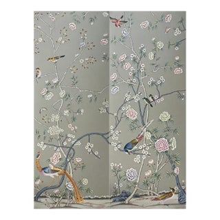 Muted Grey Chinoiserie Mural | 2-Panel Hand-Painted Floral & Bird Wallpaper For Sale