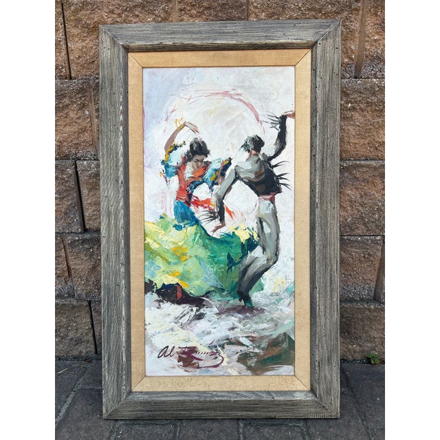Vintage mid century impressionist original oil painting of Flamenco dancers by Mexican artist Roberto Ruiz Vela. Signed to...