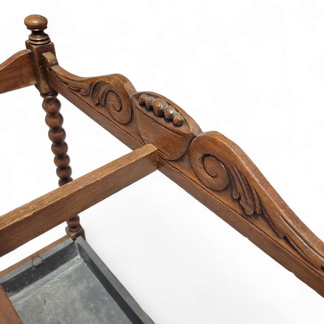 Victorian Rare Late 19th-Century English Oak Umbrella Stand With Removable Zinc Tray – Hand-Carved Victorian Décor For Sale - Image 3 of 8