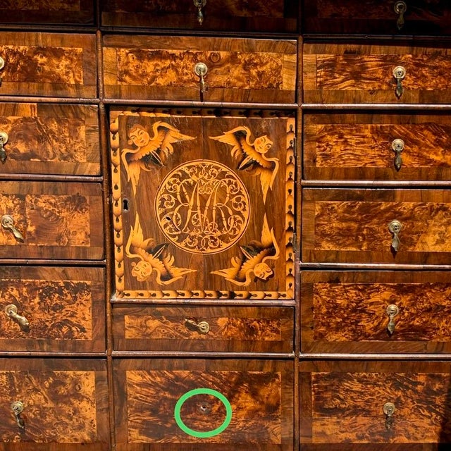 Charles II Walnut, Mulberry Marquetry Cabinet, Gilt Stand, 17th C h.f. Du Pont For Sale - Image 12 of 12