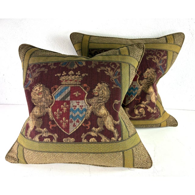 Handsome Coat of Arms Banded Cotton Print Pillows/a Pair For Sale - Image 10 of 10