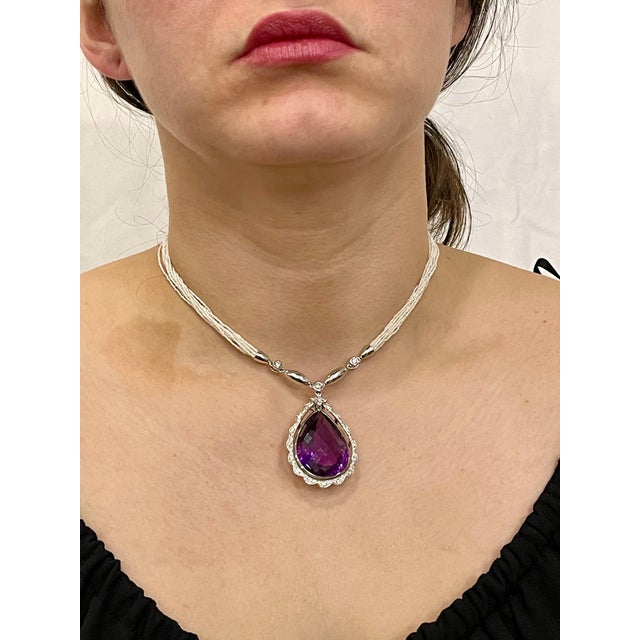 54 Carat Tear Drop Amethyst and Diamonds with Seed Pearl Necklace 18 Karat Gold For Sale - Image 13 of 18