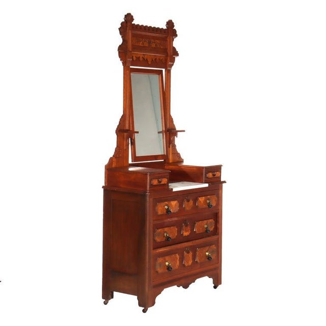 Antique Renaissance Revival Walnut & Burl Marble Top Dresser With Mirror C1890 For Sale - Image 17 of 17