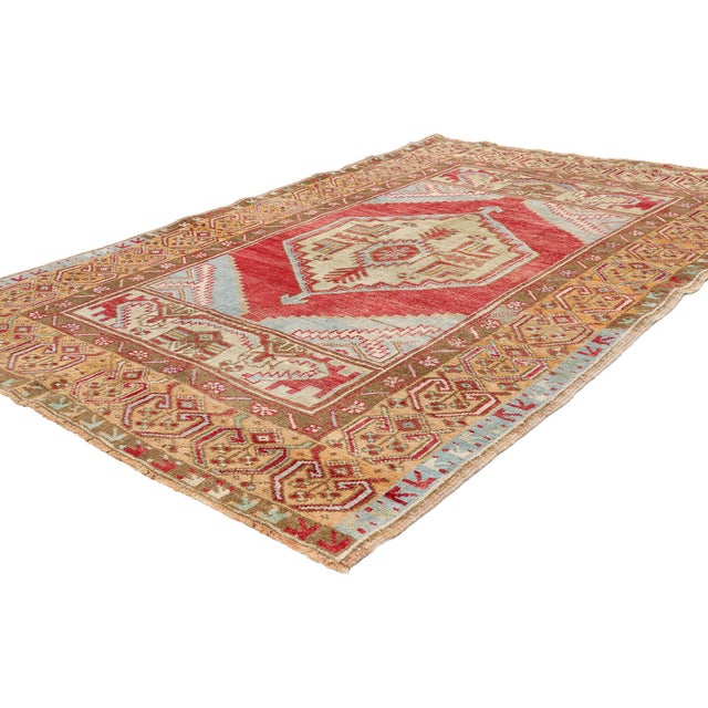 54113 Vintage Turkish Oushak Rug, 03'08 x 05'08. The Crimson Talisman: A Vintage Turkish Oushak Masterpiece of Ancestral...