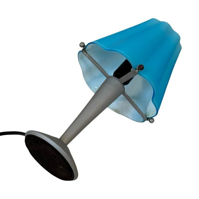 Vintage Blue Glass Table Lamp on Gray Metal Base, Italy For Sale - Image 4 of 8
