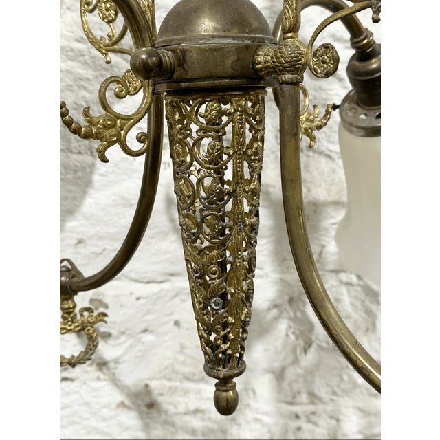 Vintage Art Nouveau Style Filigree Brass 4 Arm Gas Chandelier For Sale - Image 9 of 10