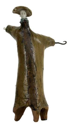 Óscar Aldonza Torres, High Fire Vagrant Figure with Hook, 2023, Ceramic & Forged Iron