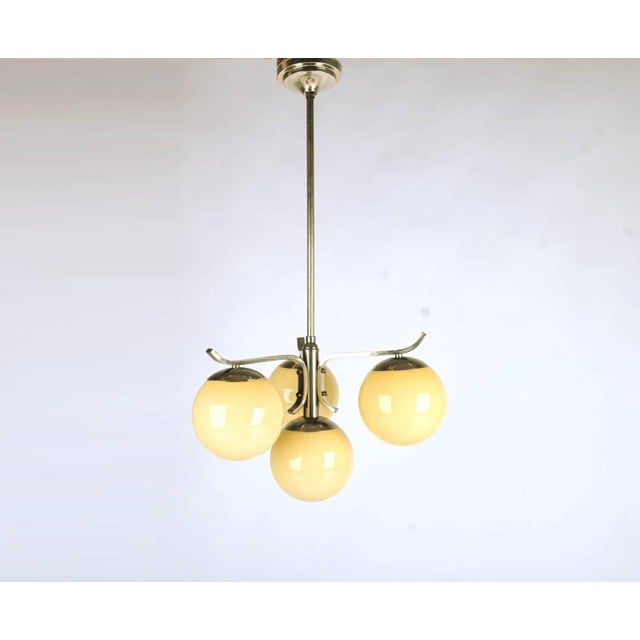 Art Deco Bauhaus Nickel Plated Chandelier with Opaline Glass, 1930s, in Very Good conditions. Designed 1920 to 1949...