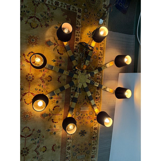 Custom Black + Gold Eight Light Chandelier For Sale - Image 4 of 12