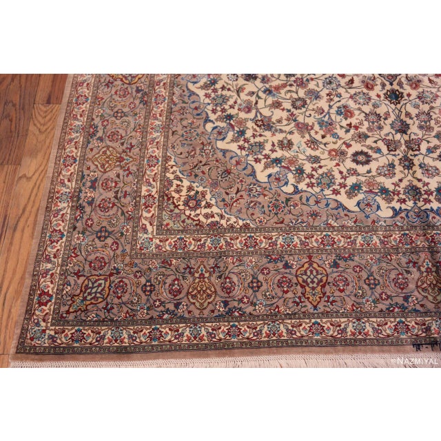 Textile Nazmiyal Collection Ivory Background Floral Medallion Vintage Qum Silk Persian Rug For Sale - Image 7 of 8