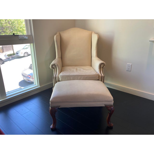 Sam Moore Vintage Ivory Leather Chair Ottoman 2pc Sam Moore Hooker Furnishings For Sale - Image 4 of 10