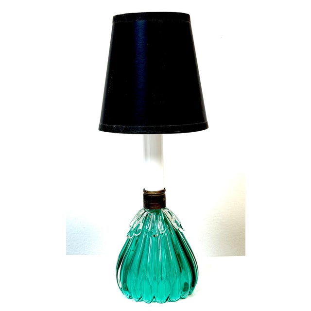 Archimede Seguso Murano Ribbed Emerald Green Glass Lamp with Applied Crystal Collar Provenance: Estate of John Loring,...