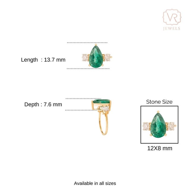 Retro-Inspired 3.47Ct Pear Cut Emerald & Diamond Statement Ring Size 7 in 18k Gold For Sale - Image 9 of 14