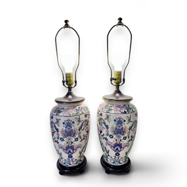 Wood 1970s Ornate Floral Ceramic Urn Table Lamps With Carved Wood Bases - a Pair For Sale - Image 7 of 13