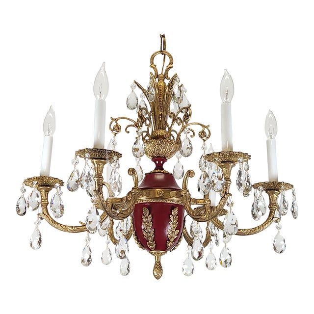 Antique 6 Light Shimmering Oxblood Empire Brass Cut Lead Crystal Chandelier ~ Rewired ~ Restored ~ Rejuvenated ~ Ready to Hang ~ For Sale