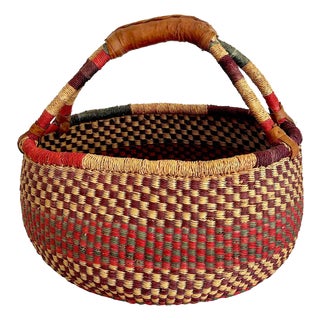 African Bolga Grass Market Basket With Leather Handles For Sale