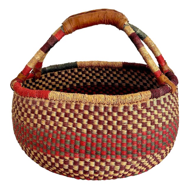 African Bolga Grass Market Basket With Leather Handles For Sale
